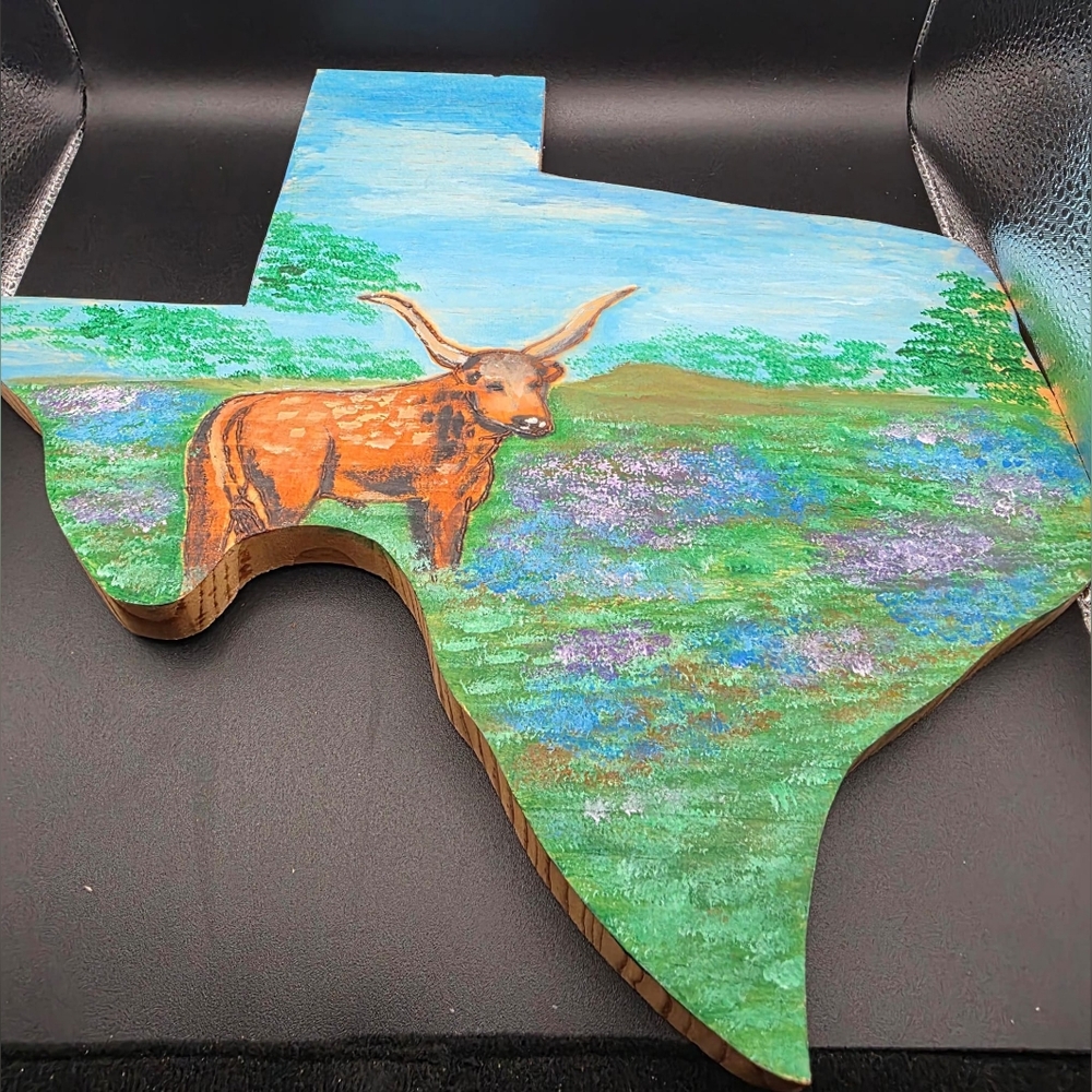 Texas Shaped Wooden Art with Longhorn Design